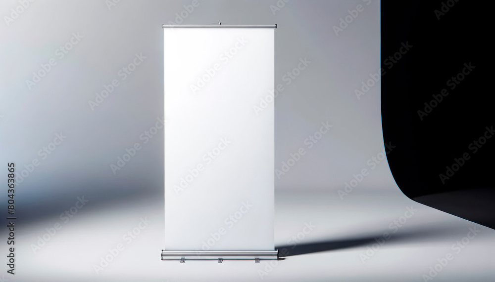 Poster An empty rollup banner stand on a dual-tone background, used for design mockups or presentations. Generative AI