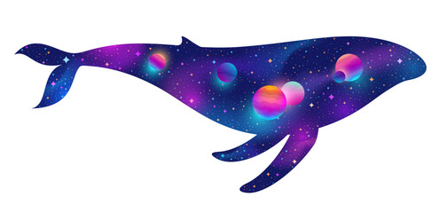 Double exposure illustration with whale and universe.  Whale sillhouette and space with stars and planets. Vector illustration. © sergo77