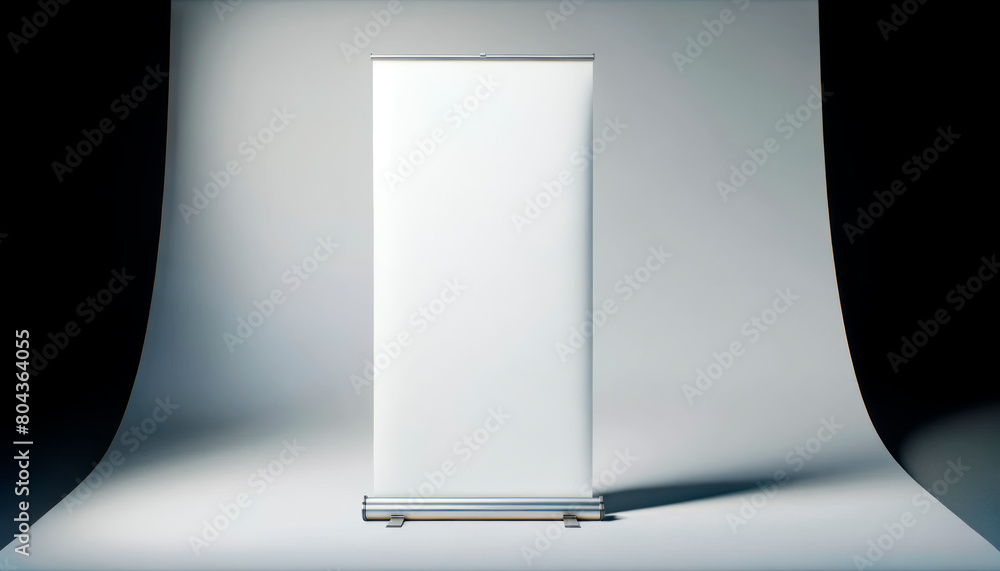 Poster A blank roll-up banner stand isolated in a studio, displaying a clean and sleek modern design on a white and dark gradient background, concept of advertising space. Generative AI