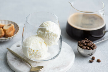 Ice cream and coffee, selective focus