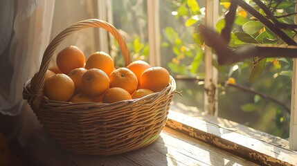 A serene image of a basket of oranges beside a window, with sunlight streaming through, highlighting the natural texture of the fruit