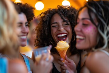 A festive image of a group enjoying orange ice cream at a family gathering, focusing on the dessert and joyful expressions