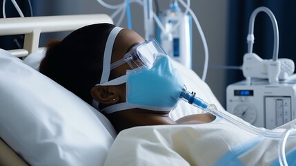 Black nurse in mask monitors patient vitals, heart rate, iv drip in medical ward for recovery