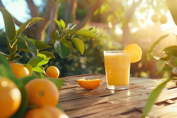 A bright, sunny outdoor table scene featuring an orange smoothie in a clear glass, surrounded by fresh oranges and greenery