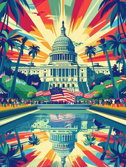 A vibrant and detailed illustration of the United States National leaned in red, white & blue colors with its capitol building at sunrise, surrounded by palm trees.