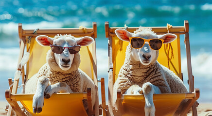 Two funny cute sheep with curly wool in sunglasses are relaxing on a chaise longue on the shore of...