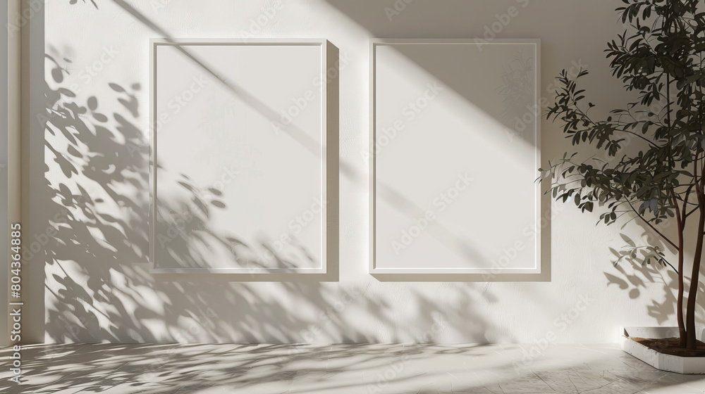 Poster two empty frames on a wall with plant shadows, in a modern style, against a light background, concep