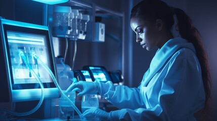 Hospital ward  black nurse monitoring patient s vitals, heart rate, and iv drip for recovery