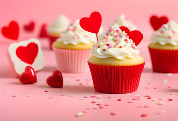 A close-up of a vanilla cupcake with pink frosting and heart-shaped sprinkles on top