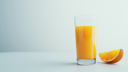 A minimalist photo of a single glass of orange juice on a white background with ample copy space for text