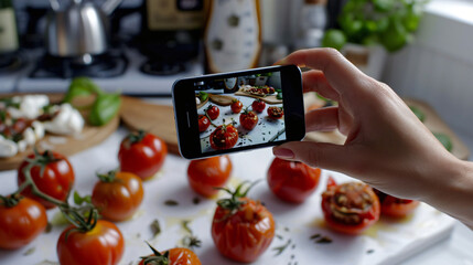 Female food photographer with mobile phone taking pictURE