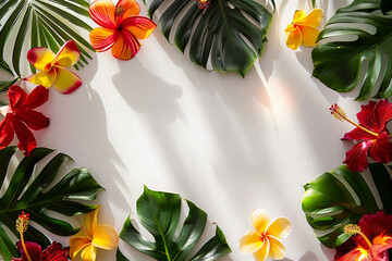 Tropical leaves and flowers in focus and full color. positioned around the edges with large white space in the center suitable for copy or design. not too busy. natural shadow overlay