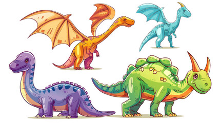 Four cute cartoon dinosaurs in different colors in isolated on transparent background