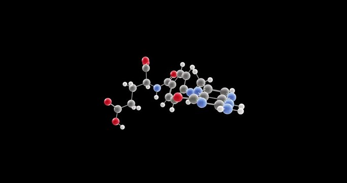 Folic acid molecule, rotating 3D model of vitamin b9, looped video on a black background