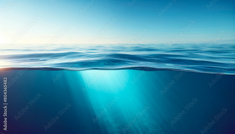 Poster deep blue ocean with penetrating sunlight, emphasizing vast underwater depth. solitude concept. gene