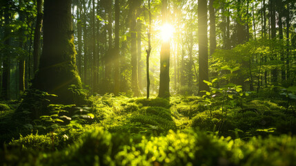 Sunlight streaming through a lush green forest at dawn