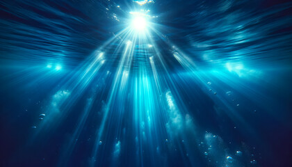 Deep blue ocean with vibrant sun rays filtering through the water. Generative AI