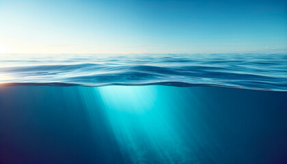 Deep blue ocean with penetrating sunlight, emphasizing vast underwater depth. Solitude concept. Generative AI