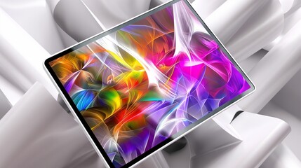 A sleek, white electronic tablet displaying a vibrant, digital artwork, its colors more vivid against the fancy, white technological backdrop, representing the intersection of art and innovation. 32k,