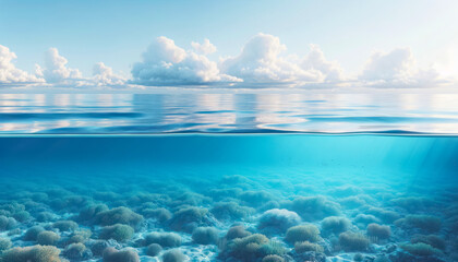 Split view of serene ocean surface and coral reef under clear blue sky. Marine life concept. Generative AI
