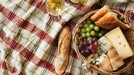 Fototapeta premium A picnic featuring a bottle of wine, grapes, cheese, bread, and a glass of wine, all laid out on a tartan blanket. The natural foods complement the plantbased recipe perfectly AIG50