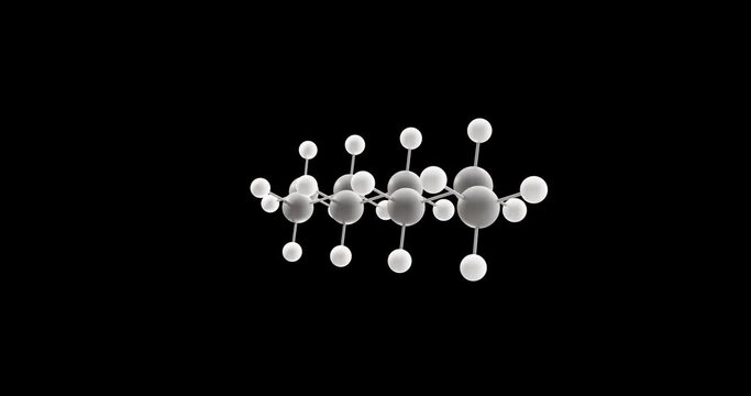 Octane molecule, rotating 3D model of hydrocarbon, looped video on a black background