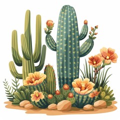 A drawing of a desert scene with cacti and flowers
