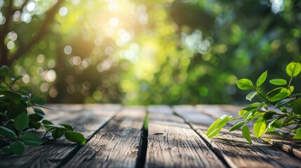 Sunlit wooden table with fresh green leaves in nature - Powered by Adobe