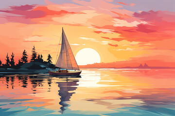 A traditional wooden sailboat gliding across a tranquil bay under a colorful sunset sky, isolated on solid white background. - obrazy, fototapety, plakaty