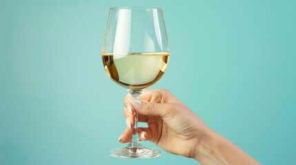 Female hand holding glass of white wine on blue background