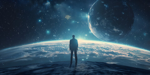 Cosmic Contemplation: Man's Perspective Standing on Earth, Viewing the Planet from Space