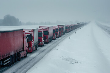 Winter convoy of red trucks driving through snowy landscape on rural road in scenic winter view