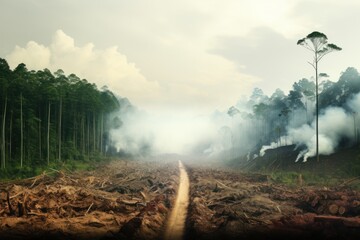 Forest fire with smoke and fire in the forest, natural disaster concept, deforestation, environmental disaster