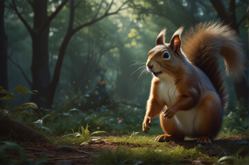 A squirrel basking in sunbeams against a lush green forest backdrop, creating a magical nature atmosphere