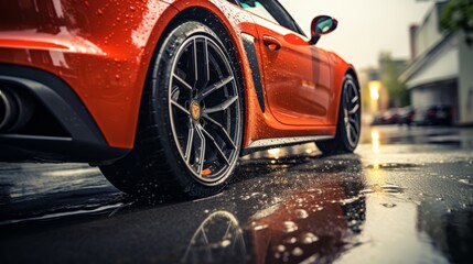 Red performance car washed by professional with high pressure for care at detailing shop