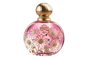 Perfume bottle with daisy flowers engraved isolated on transparent background
