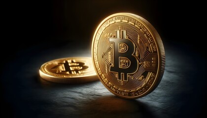 This image depicts two Bitcoin coins illuminated dramatically against a dark, textured background.

