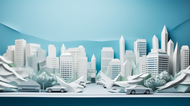 A 3D illustration of a paper city with white cars on a blue background.
