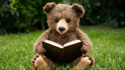 Cute plush bear engrossed in reading a book on green grass, surrounded by nature