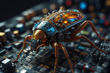Mechanical beetle on a circuit board, detailed image of a technological concept, artificial intelligence