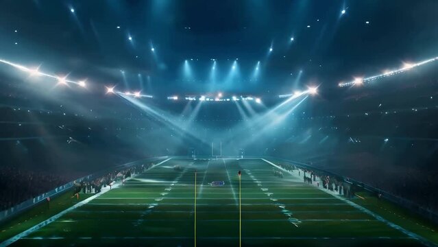 A wide shot of an american football stadium with lights shining down on the field	