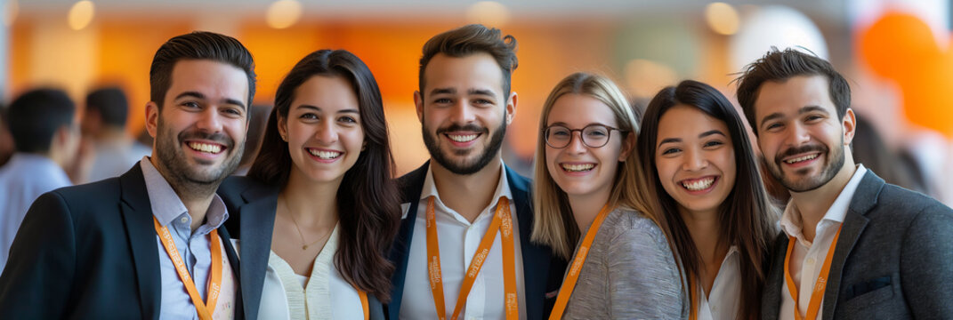 Happy colleagues at a conference. Five joyful young professionals in business attire, embodying teamwork and networking at corporate events. Ideal for business and social media use