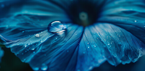 Close up of a blue morning glory flower petal with a water drop, - obrazy, fototapety, plakaty