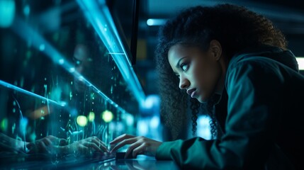 African american engineer coding drone control software in research lab for flight tech innovation