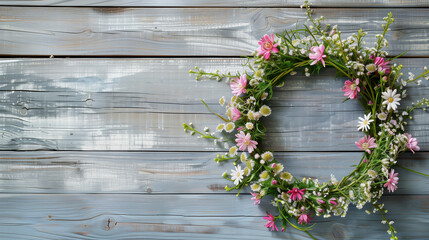 Fototapeta premium Pink and white wreath on wooden background