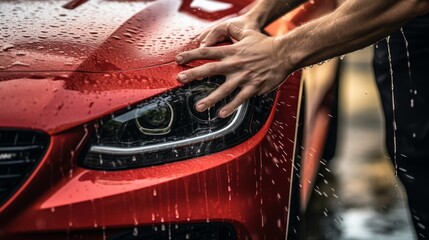 Professional high pressure detailing of red performance car at premier vehicle shop