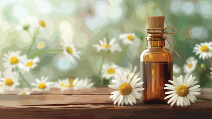 Bottle of essential oil with chamomile flowers on woo