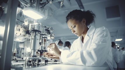 Female engineer coding drone control software for technological breakthrough in research lab