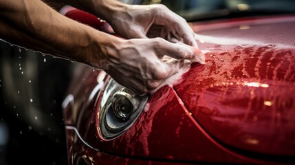Professional auto detailer using high pressure water for red car detailing at vehicle care shop