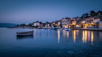 Fototapeta na wymiar The quaint charm of a coastal village at twilight, with traditional houses nestled along the shoreline and fishing boats gently swaying in the harbor